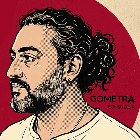 Sonsuzluk album cover: portrait of Gometra on a red background